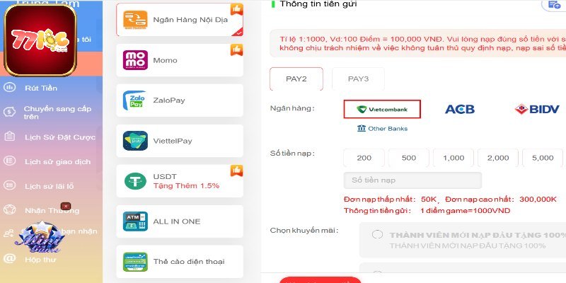 Quy trình hướng dẫn nạp tiền 77loc
